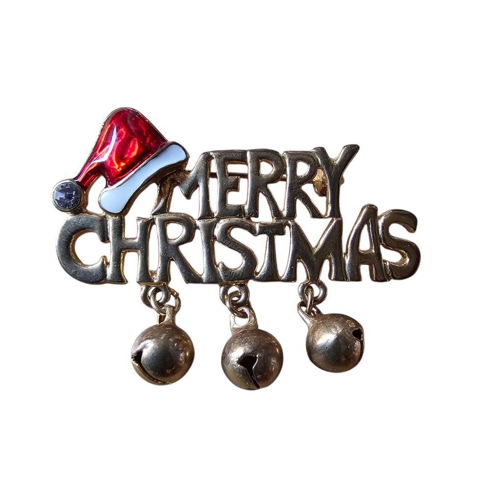 Vintage Merry Christmas Brooch with Jingle Bells Gold Tone